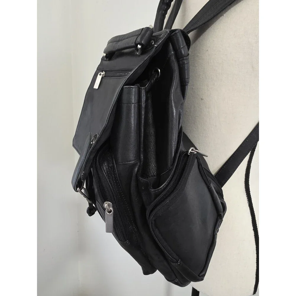 Beautiful David King Boston Soft Black Leather Multi-Pocket Backpack EuC
